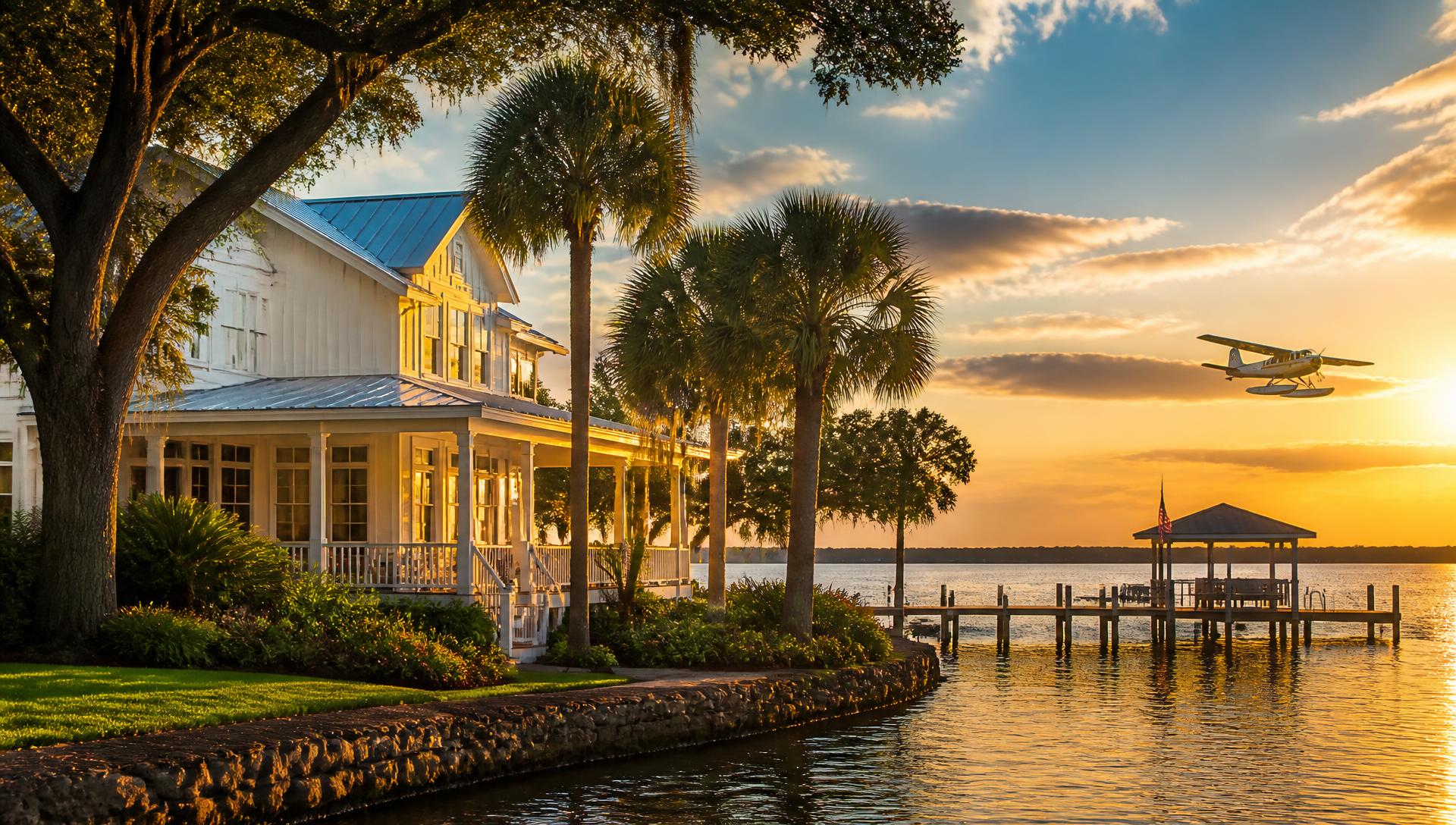 Lakefront Florida farmhouse at sunset with a private dock and a seaplane over the water